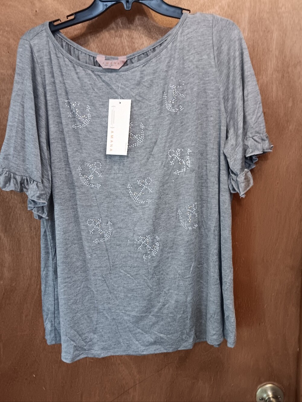 Amiana Gray Short-Sleeve Rhinestone Anchor Tee